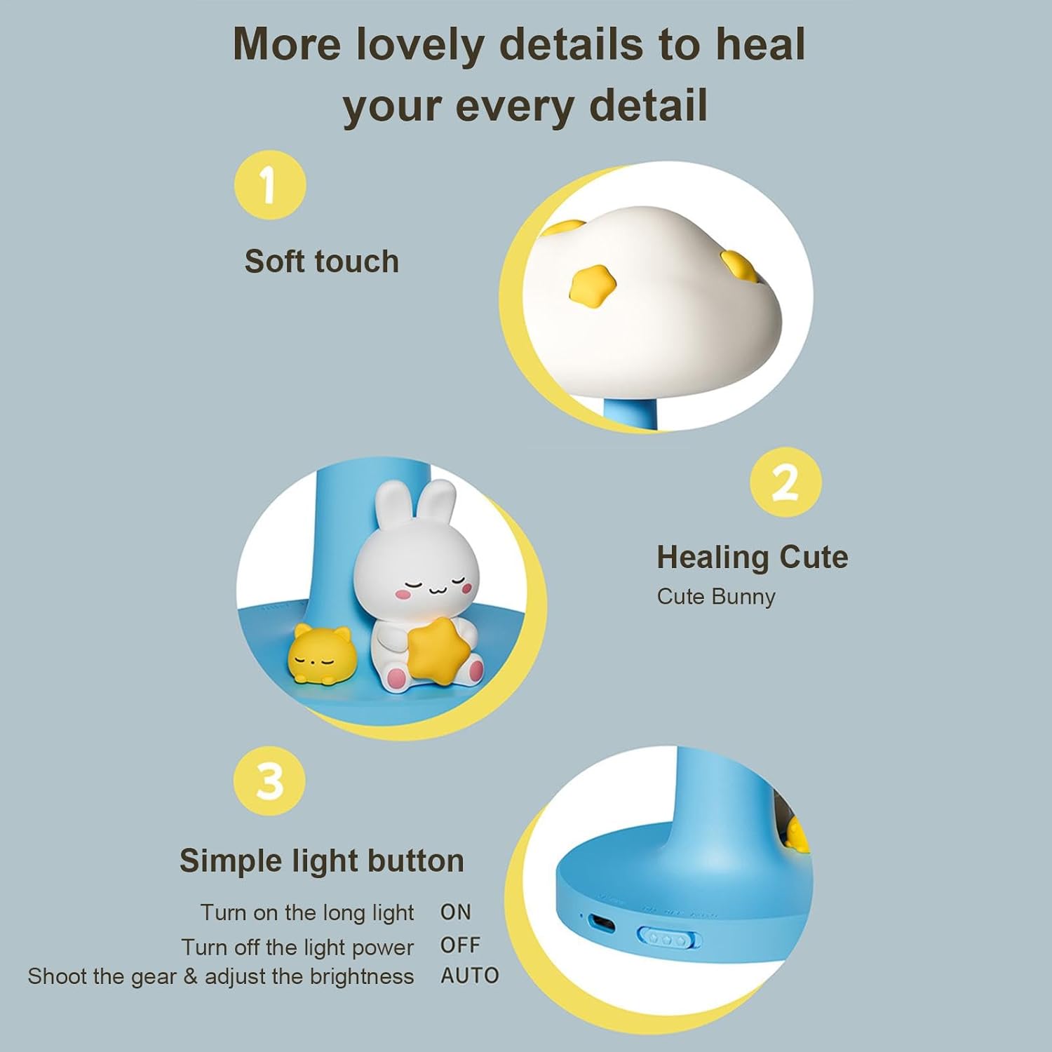Cute Bunny With Cloud 3D Silicon Touch Lamp - USB Chargeable